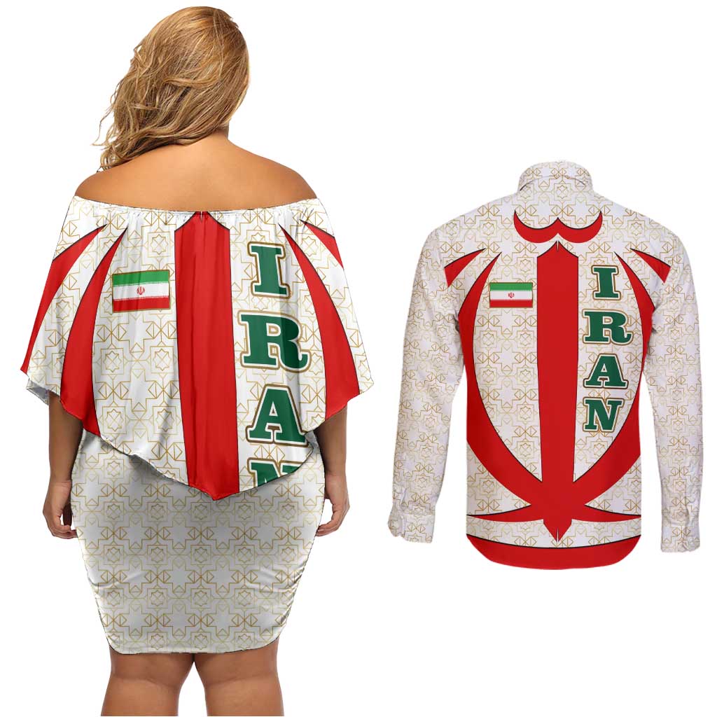 Iran Flag Pattern Couples Matching Off Shoulder Short Dress and Long Sleeve Button Shirt with Bold Red National Emblem Design