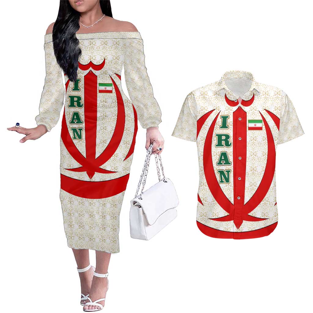 Iran Flag Pattern Couples Matching Off The Shoulder Long Sleeve Dress and Hawaiian Shirt with Bold Red National Emblem Design