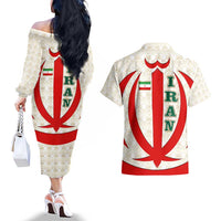 Iran Flag Pattern Couples Matching Off The Shoulder Long Sleeve Dress and Hawaiian Shirt with Bold Red National Emblem Design