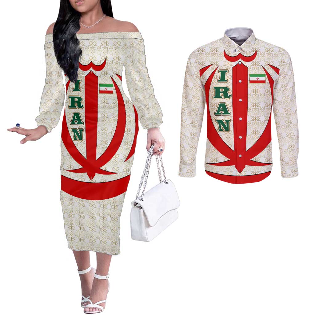 Iran Flag Pattern Couples Matching Off The Shoulder Long Sleeve Dress and Long Sleeve Button Shirt with Bold Red National Emblem Design