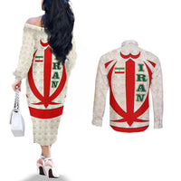 Iran Flag Pattern Couples Matching Off The Shoulder Long Sleeve Dress and Long Sleeve Button Shirt with Bold Red National Emblem Design