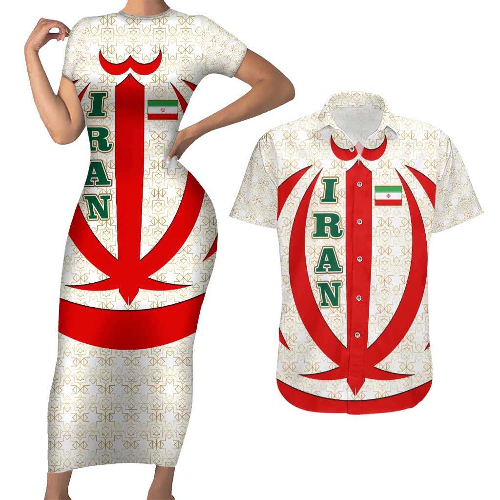 Iran Flag Pattern Couples Matching Short Sleeve Bodycon Dress and Hawaiian Shirt with Bold Red National Emblem Design