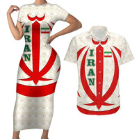 Iran Flag Pattern Couples Matching Short Sleeve Bodycon Dress and Hawaiian Shirt with Bold Red National Emblem Design