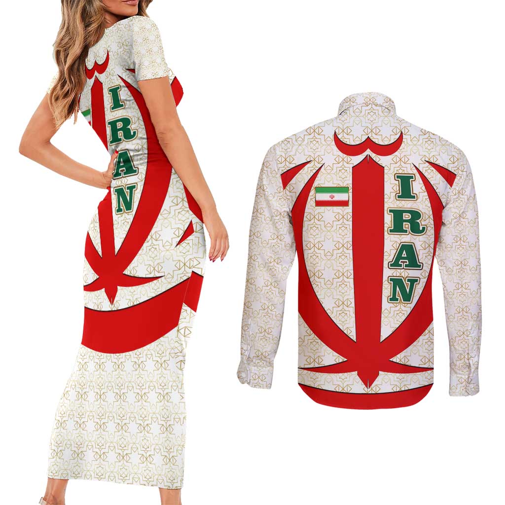 Iran Flag Pattern Couples Matching Short Sleeve Bodycon Dress and Long Sleeve Button Shirt with Bold Red National Emblem Design