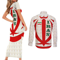 Iran Flag Pattern Couples Matching Short Sleeve Bodycon Dress and Long Sleeve Button Shirt with Bold Red National Emblem Design