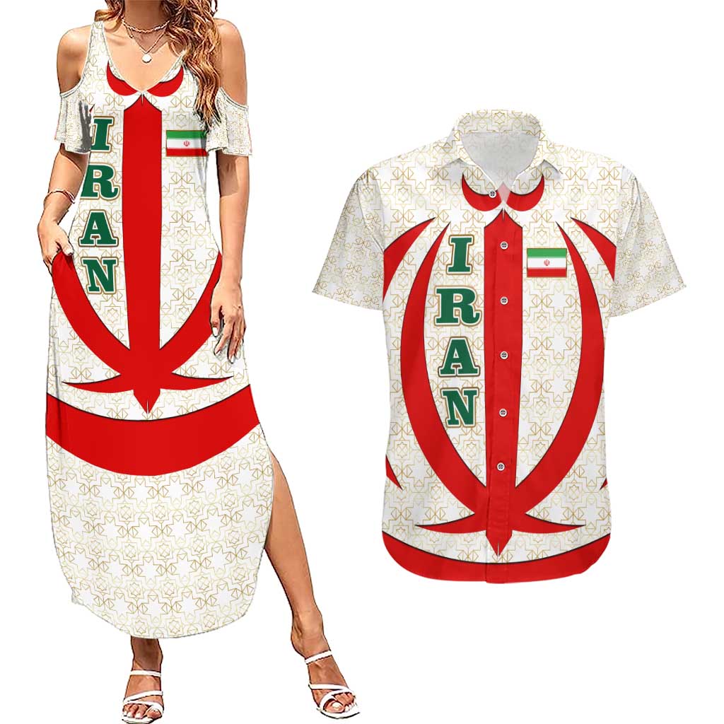 Iran Flag Pattern Couples Matching Summer Maxi Dress and Hawaiian Shirt with Bold Red National Emblem Design