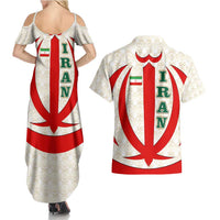 Iran Flag Pattern Couples Matching Summer Maxi Dress and Hawaiian Shirt with Bold Red National Emblem Design