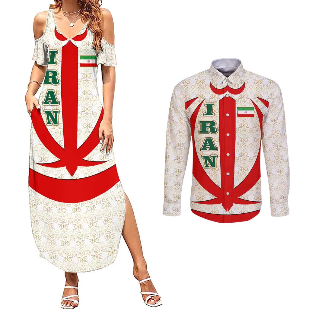 Iran Flag Pattern Couples Matching Summer Maxi Dress and Long Sleeve Button Shirt with Bold Red National Emblem Design