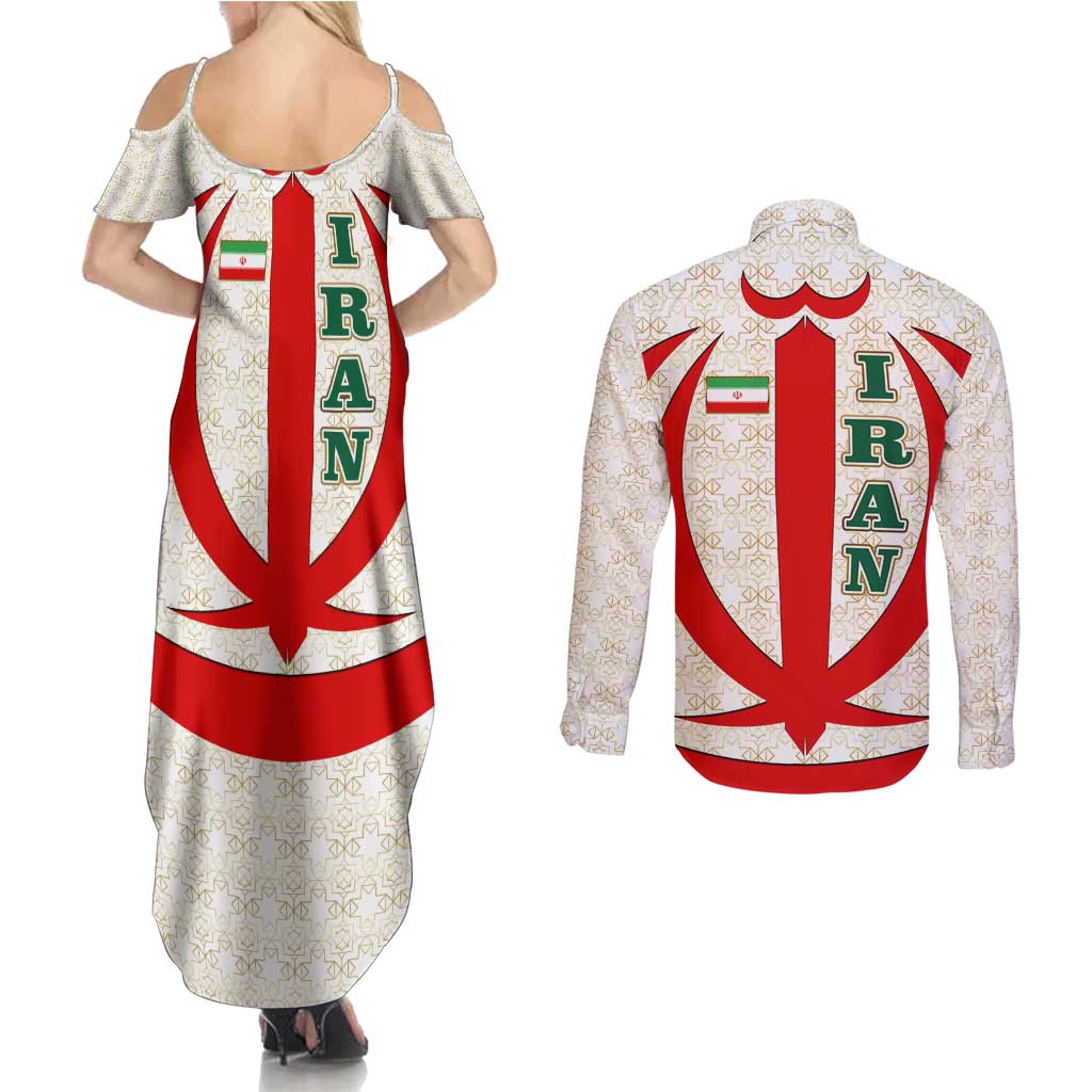 Iran Flag Pattern Couples Matching Summer Maxi Dress and Long Sleeve Button Shirt with Bold Red National Emblem Design