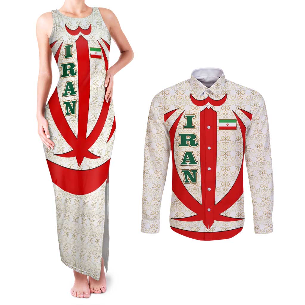 Iran Flag Pattern Couples Matching Tank Maxi Dress and Long Sleeve Button Shirt with Bold Red National Emblem Design