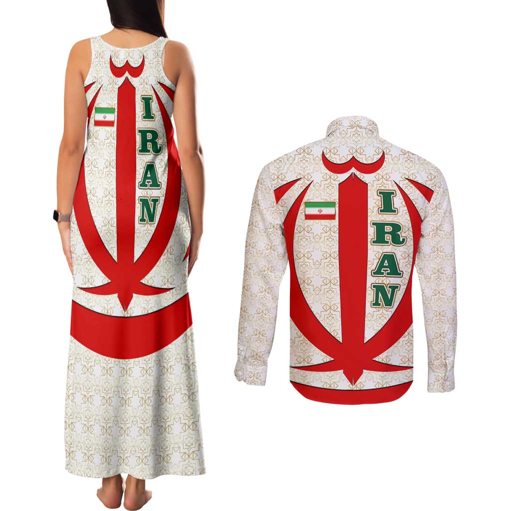 Iran Flag Pattern Couples Matching Tank Maxi Dress and Long Sleeve Button Shirt with Bold Red National Emblem Design