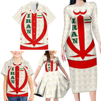 Iran Flag Pattern Family Matching Long Sleeve Bodycon Dress and Hawaiian Shirt with Bold Red National Emblem Design