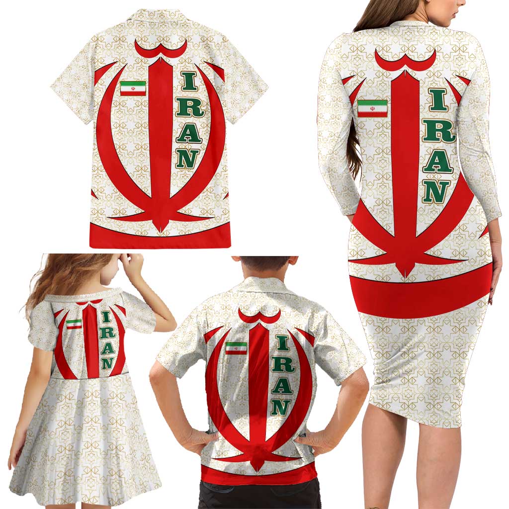 Iran Flag Pattern Family Matching Long Sleeve Bodycon Dress and Hawaiian Shirt with Bold Red National Emblem Design