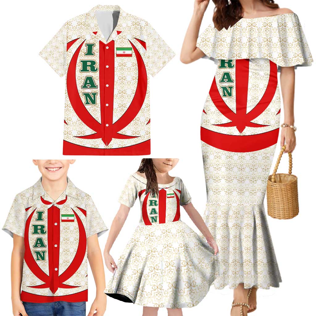Iran Flag Pattern Family Matching Mermaid Dress and Hawaiian Shirt with Bold Red National Emblem Design