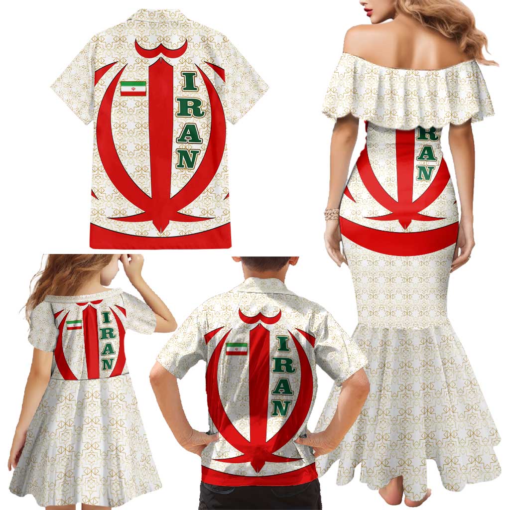 Iran Flag Pattern Family Matching Mermaid Dress and Hawaiian Shirt with Bold Red National Emblem Design