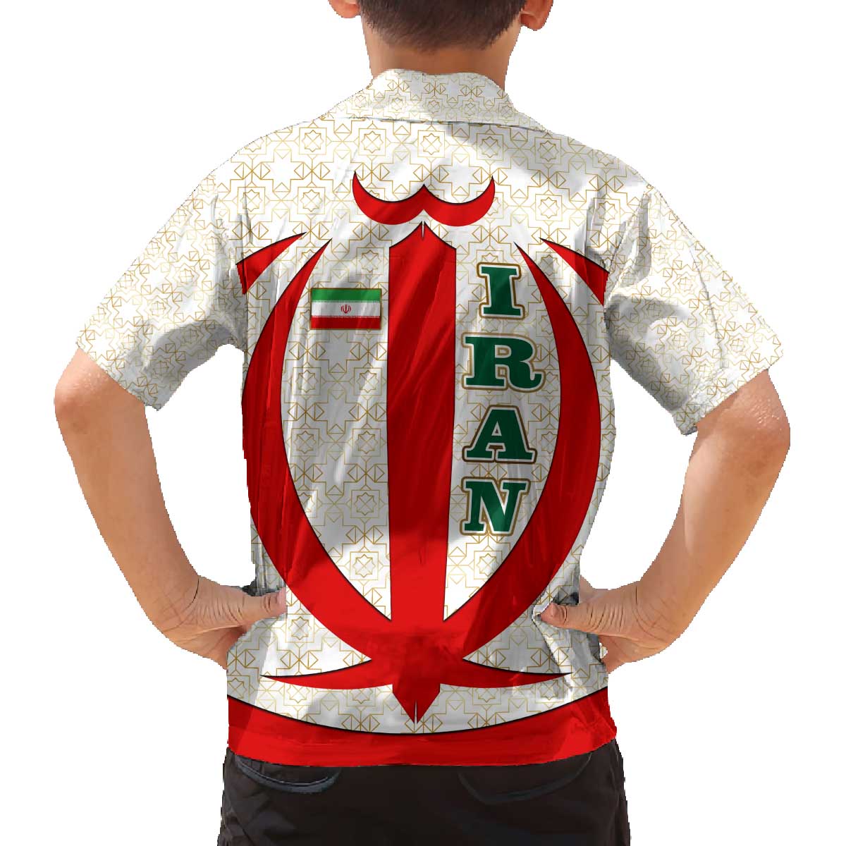 Iran Flag Pattern Family Matching Off The Shoulder Long Sleeve Dress and Hawaiian Shirt with Bold Red National Emblem Design