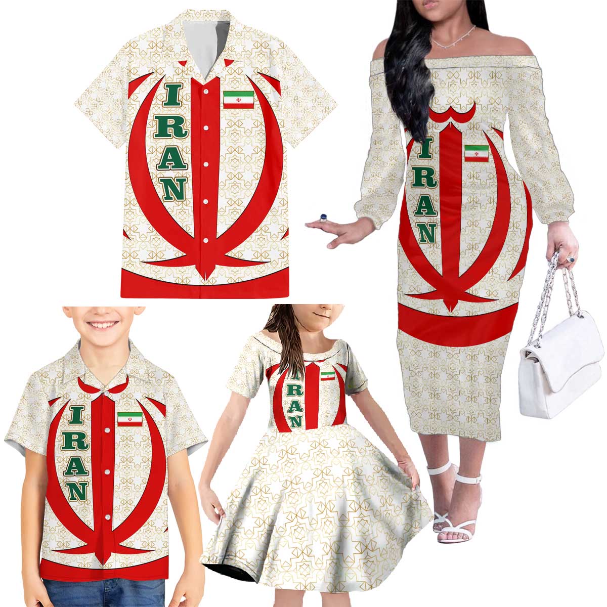 Iran Flag Pattern Family Matching Off The Shoulder Long Sleeve Dress and Hawaiian Shirt with Bold Red National Emblem Design