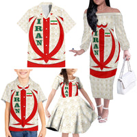 Iran Flag Pattern Family Matching Off The Shoulder Long Sleeve Dress and Hawaiian Shirt with Bold Red National Emblem Design