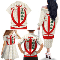 Iran Flag Pattern Family Matching Off The Shoulder Long Sleeve Dress and Hawaiian Shirt with Bold Red National Emblem Design