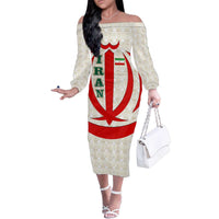 Iran Flag Pattern Family Matching Off The Shoulder Long Sleeve Dress and Hawaiian Shirt with Bold Red National Emblem Design