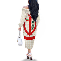Iran Flag Pattern Family Matching Off The Shoulder Long Sleeve Dress and Hawaiian Shirt with Bold Red National Emblem Design
