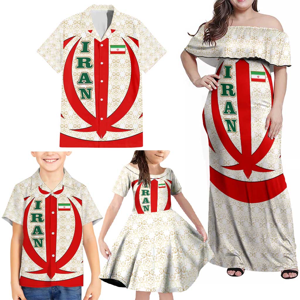 Iran Flag Pattern Family Matching Off Shoulder Maxi Dress and Hawaiian Shirt with Bold Red National Emblem Design