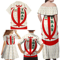 Iran Flag Pattern Family Matching Off Shoulder Maxi Dress and Hawaiian Shirt with Bold Red National Emblem Design