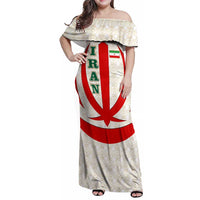 Iran Flag Pattern Family Matching Off Shoulder Maxi Dress and Hawaiian Shirt with Bold Red National Emblem Design