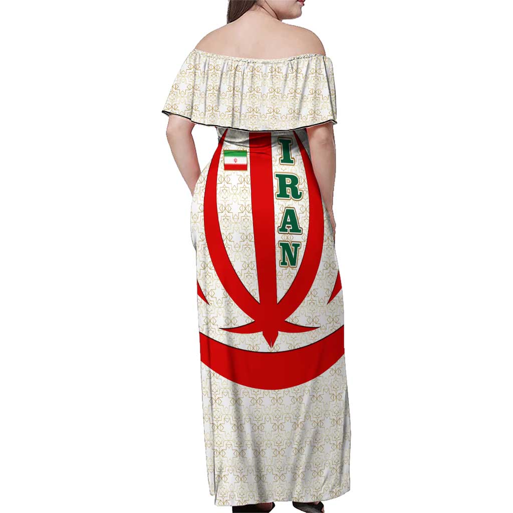 Iran Flag Pattern Family Matching Off Shoulder Maxi Dress and Hawaiian Shirt with Bold Red National Emblem Design