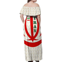 Iran Flag Pattern Family Matching Off Shoulder Maxi Dress and Hawaiian Shirt with Bold Red National Emblem Design