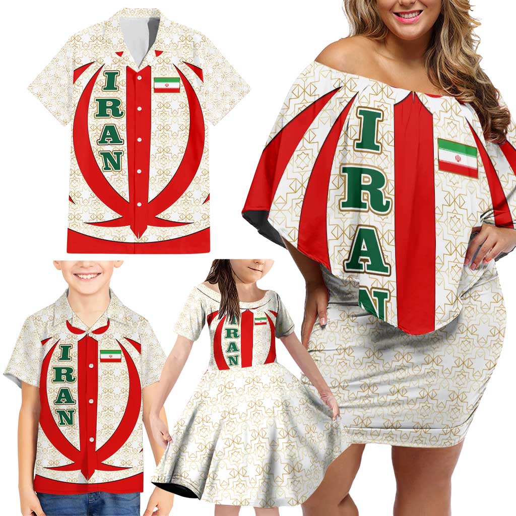 Iran Flag Pattern Family Matching Off Shoulder Short Dress and Hawaiian Shirt with Bold Red National Emblem Design