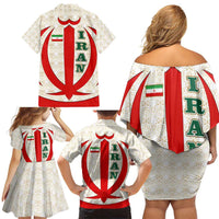 Iran Flag Pattern Family Matching Off Shoulder Short Dress and Hawaiian Shirt with Bold Red National Emblem Design