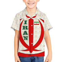 Iran Flag Pattern Family Matching Off Shoulder Short Dress and Hawaiian Shirt with Bold Red National Emblem Design