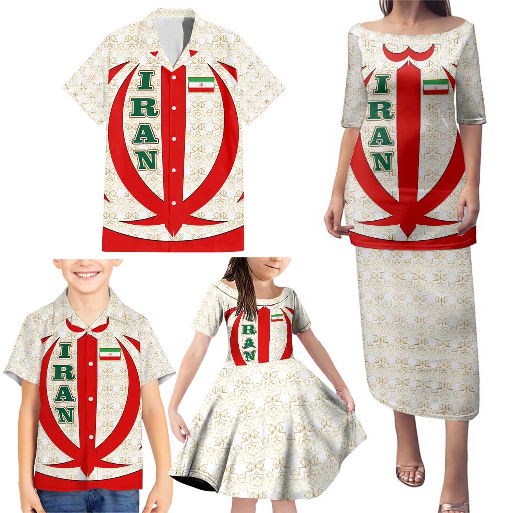 Iran Flag Pattern Family Matching Puletasi and Hawaiian Shirt with Bold Red National Emblem Design