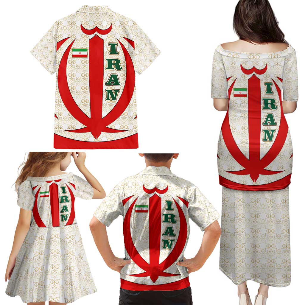 Iran Flag Pattern Family Matching Puletasi and Hawaiian Shirt with Bold Red National Emblem Design