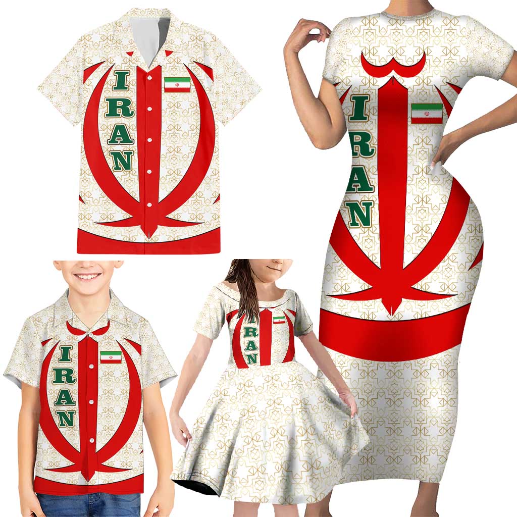 Iran Flag Pattern Family Matching Short Sleeve Bodycon Dress and Hawaiian Shirt with Bold Red National Emblem Design