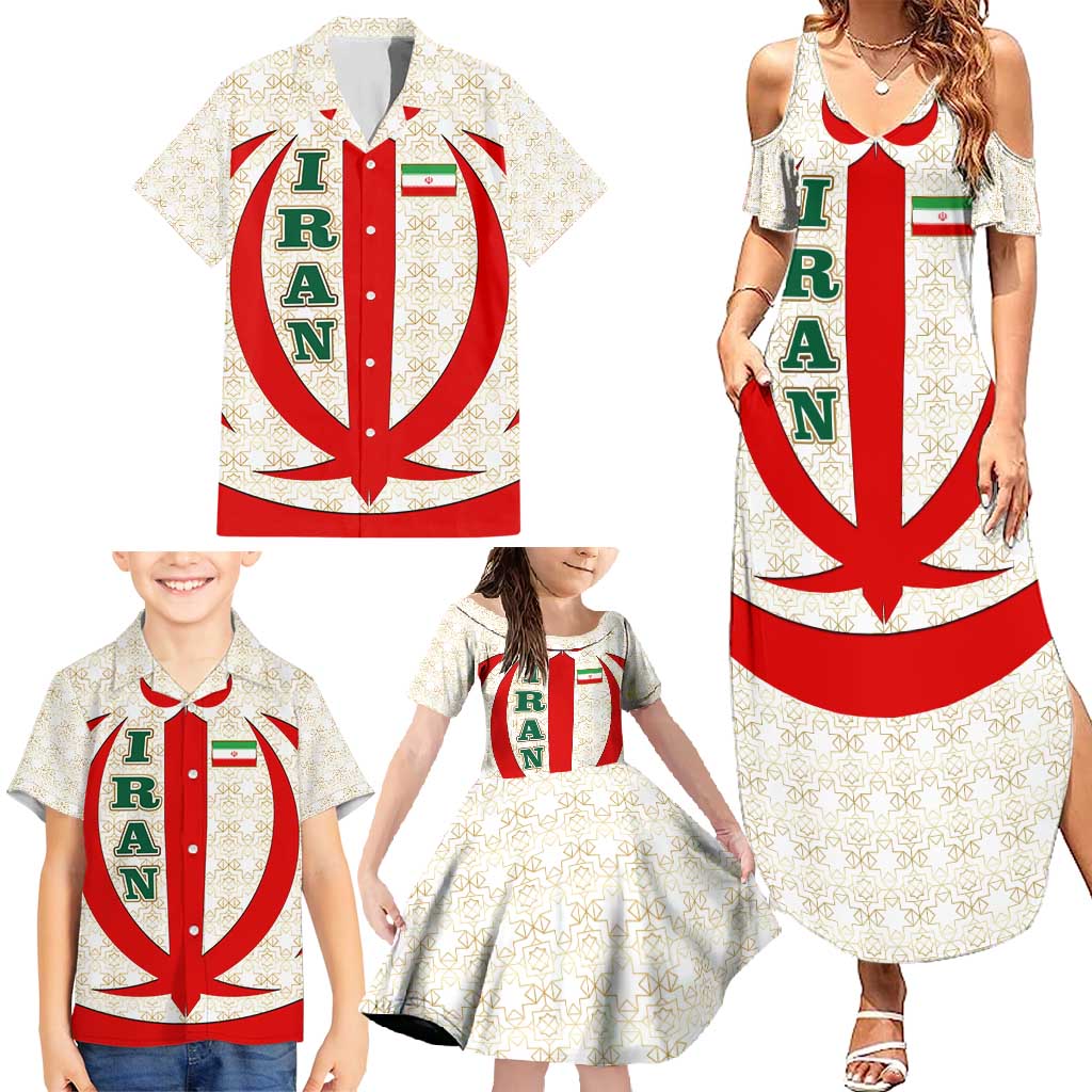 Iran Flag Pattern Family Matching Summer Maxi Dress and Hawaiian Shirt with Bold Red National Emblem Design