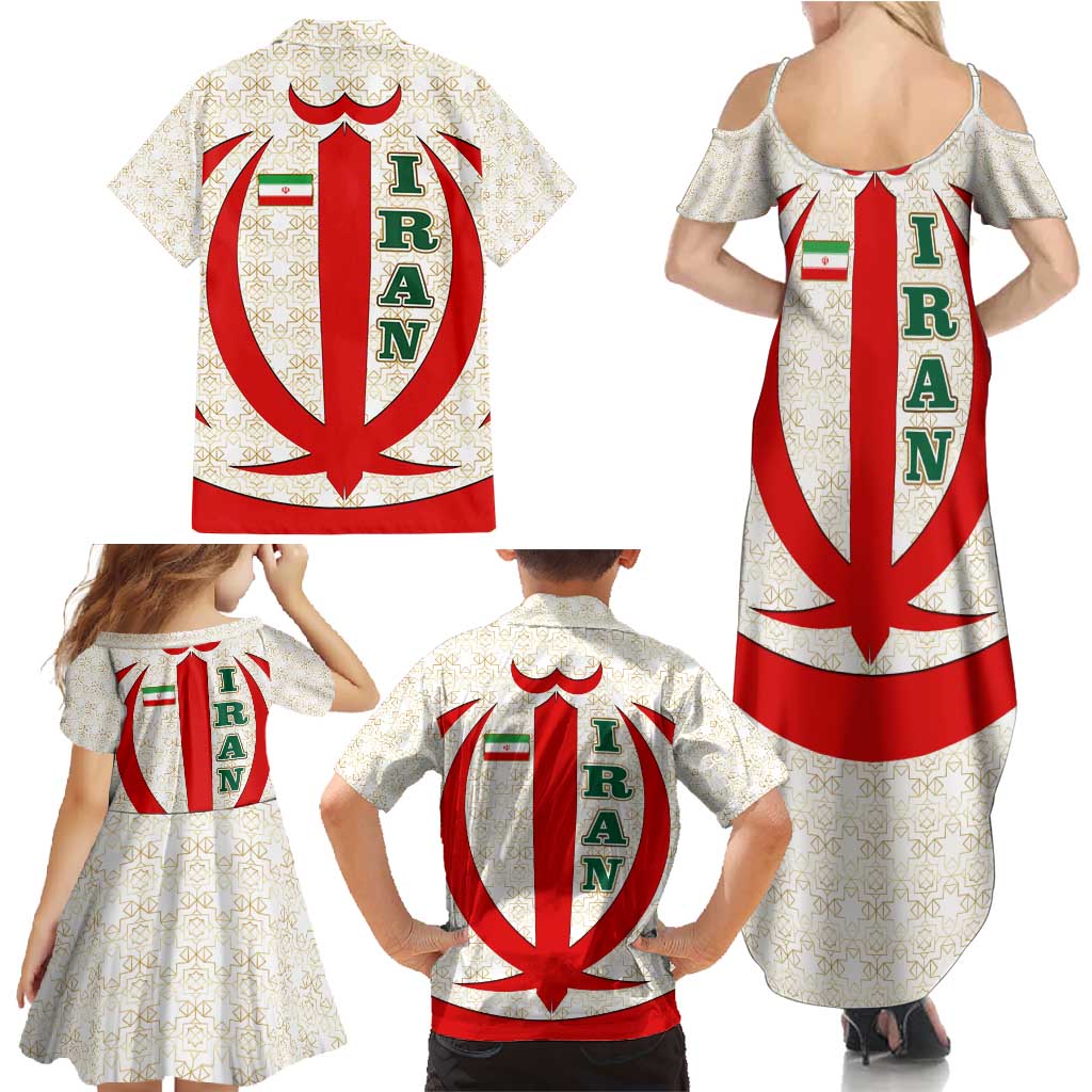 Iran Flag Pattern Family Matching Summer Maxi Dress and Hawaiian Shirt with Bold Red National Emblem Design