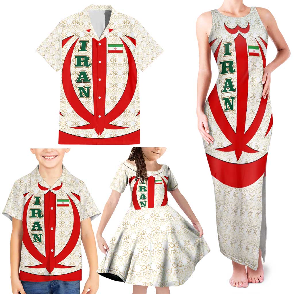 Iran Flag Pattern Family Matching Tank Maxi Dress and Hawaiian Shirt with Bold Red National Emblem Design