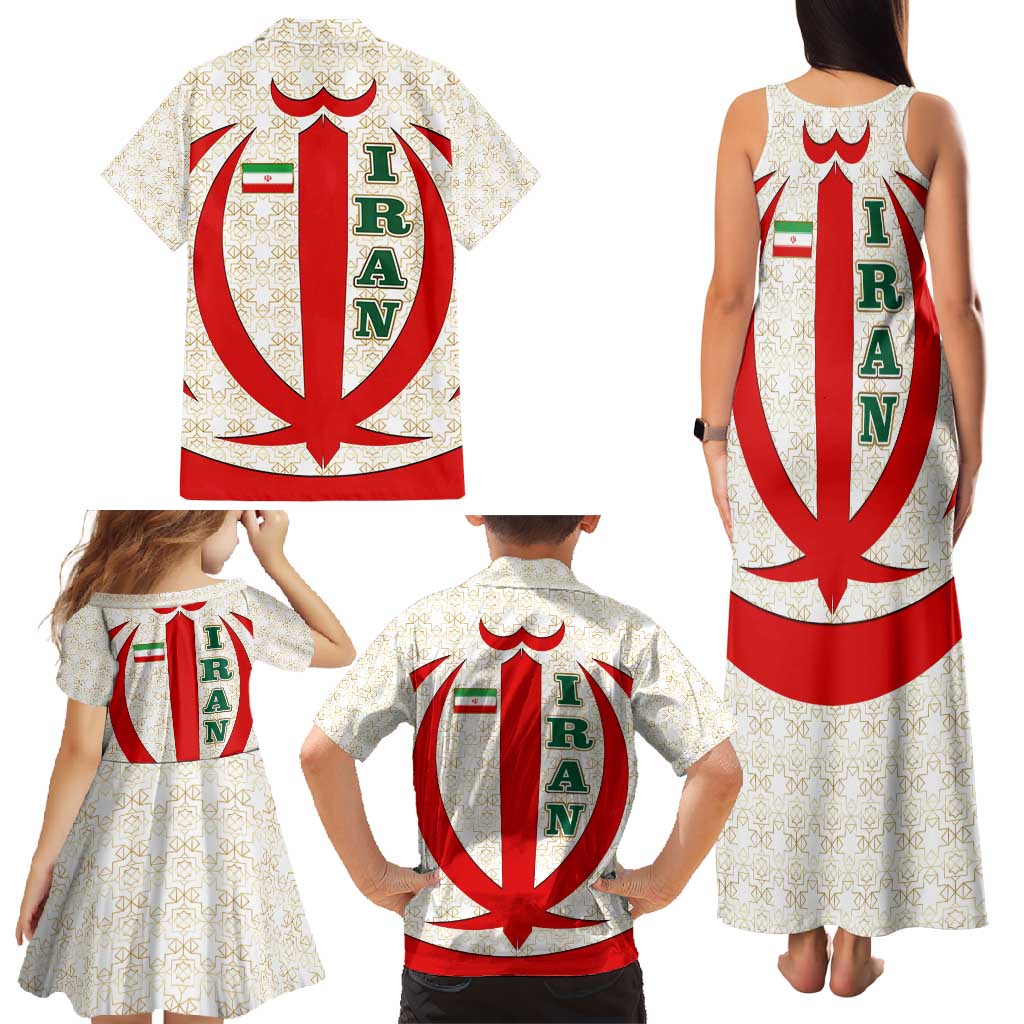 Iran Flag Pattern Family Matching Tank Maxi Dress and Hawaiian Shirt with Bold Red National Emblem Design