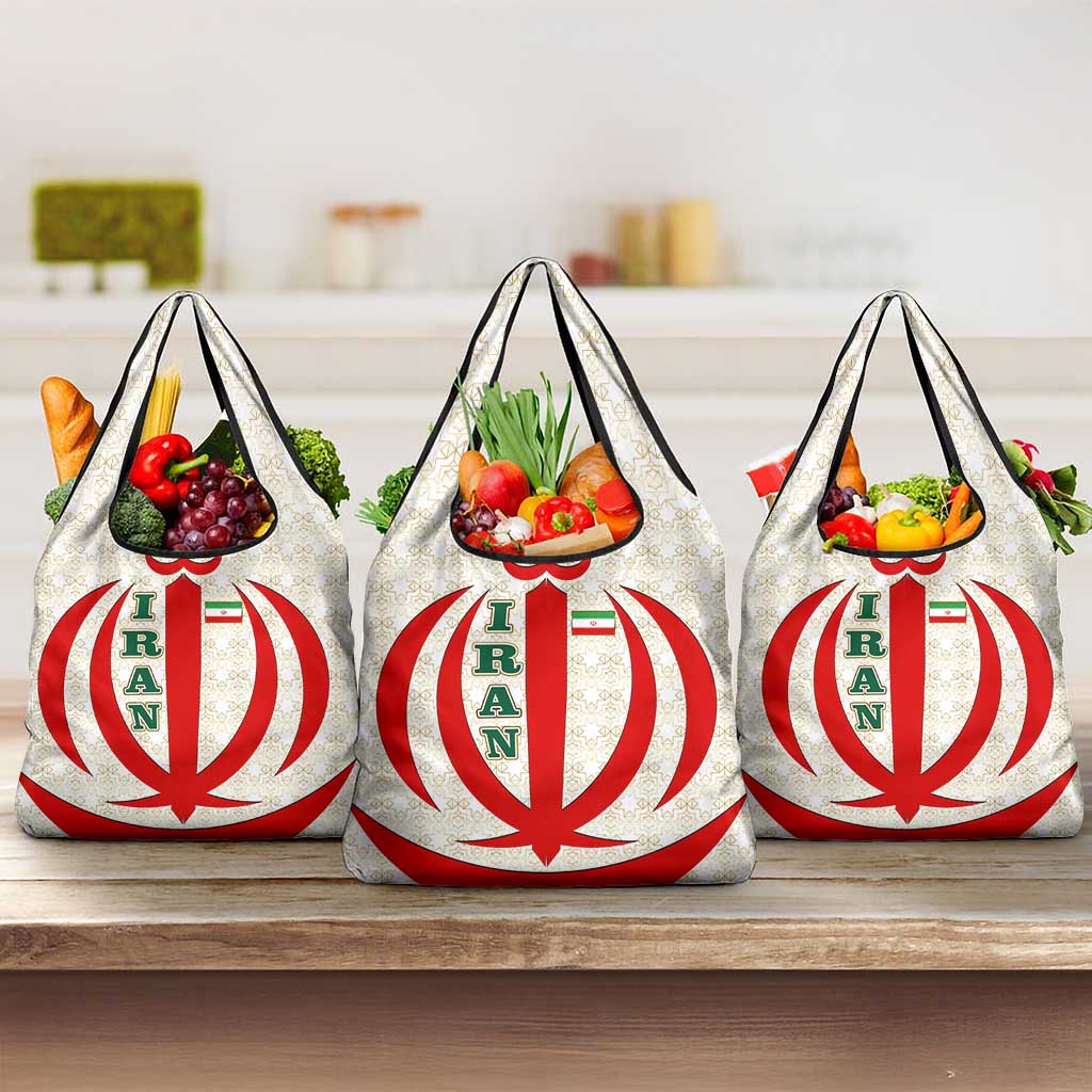 Iran Flag Pattern Grocery Bag with Bold Red National Emblem Design