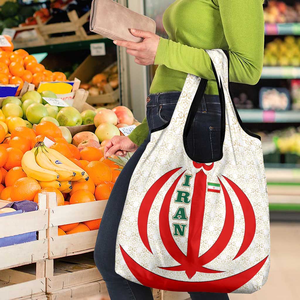 Iran Flag Pattern Grocery Bag with Bold Red National Emblem Design