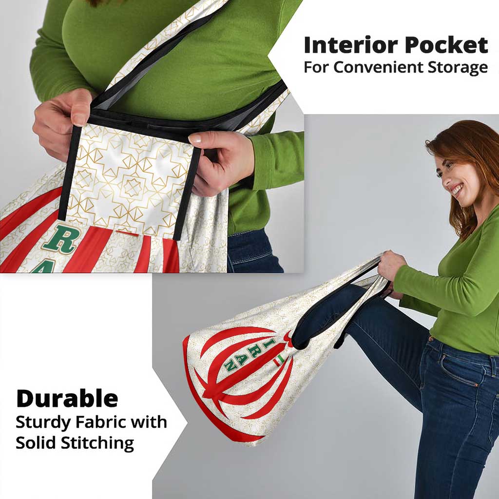 Iran Flag Pattern Grocery Bag with Bold Red National Emblem Design