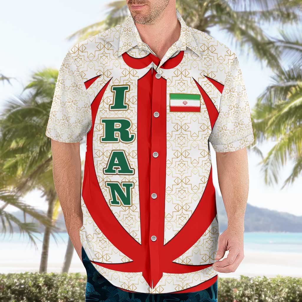 Iran Flag Pattern Hawaiian Shirt with Bold Red National Emblem Design