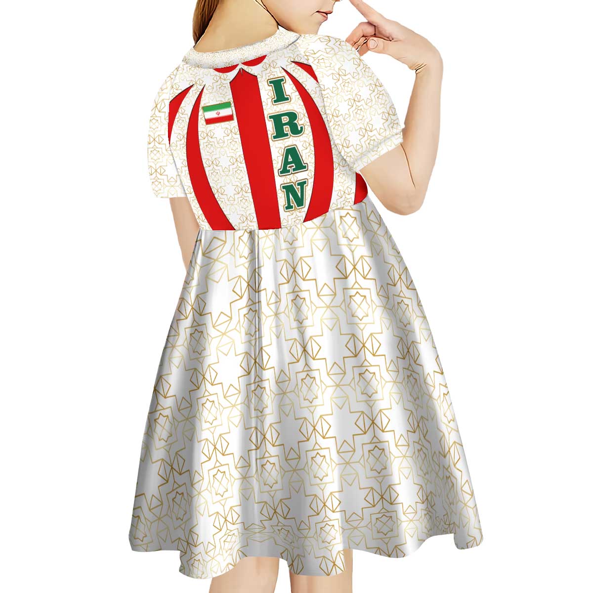 Iran Flag Pattern Kid Short Sleeve Dress with Bold Red National Emblem Design