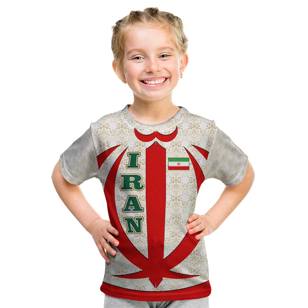 Iran Flag Pattern Kid T Shirt with Bold Red National Emblem Design