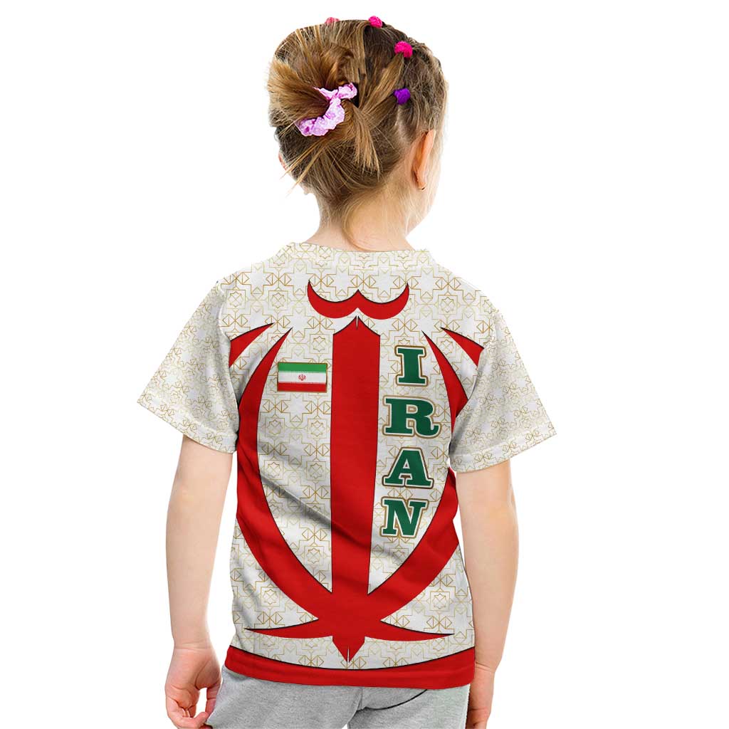 Iran Flag Pattern Kid T Shirt with Bold Red National Emblem Design