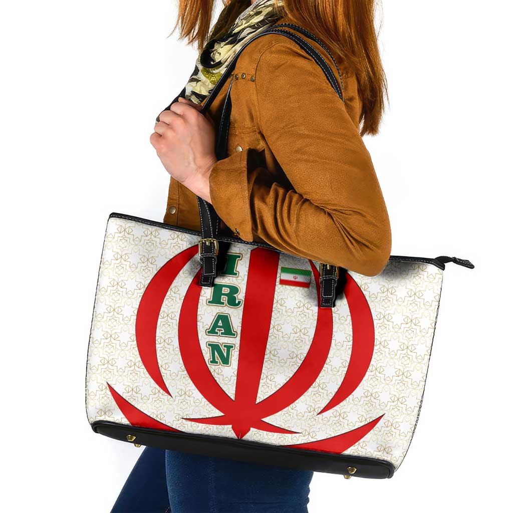 Iran Flag Pattern Leather Tote Bag with Bold Red National Emblem Design