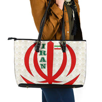 Iran Flag Pattern Leather Tote Bag with Bold Red National Emblem Design