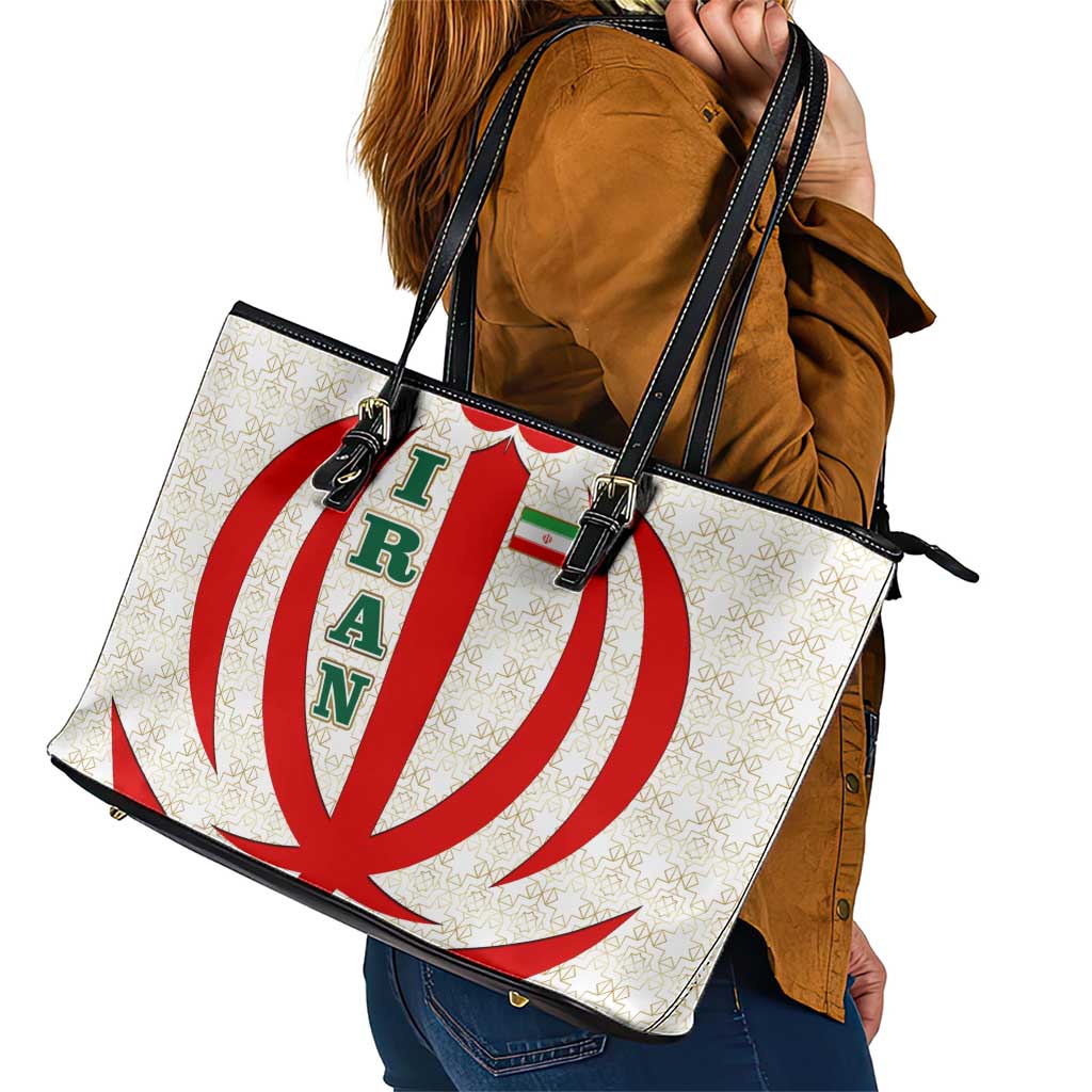 Iran Flag Pattern Leather Tote Bag with Bold Red National Emblem Design